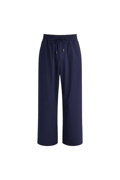 Navy Thin Wool Elastic Waist Wide Leg Pants