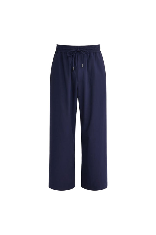 Navy Thin Wool Elastic Waist Wide Leg Pants