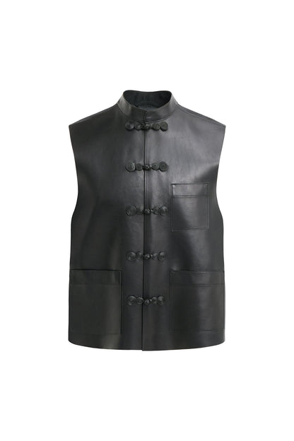 Black Leather Chinese Vest with "HULU" Shape Frogs