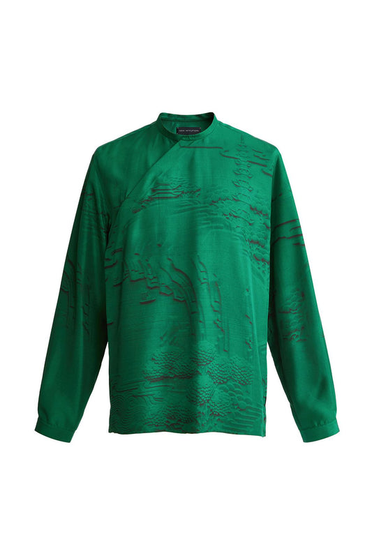 Jade green Chinese silk shirt with embossed print
