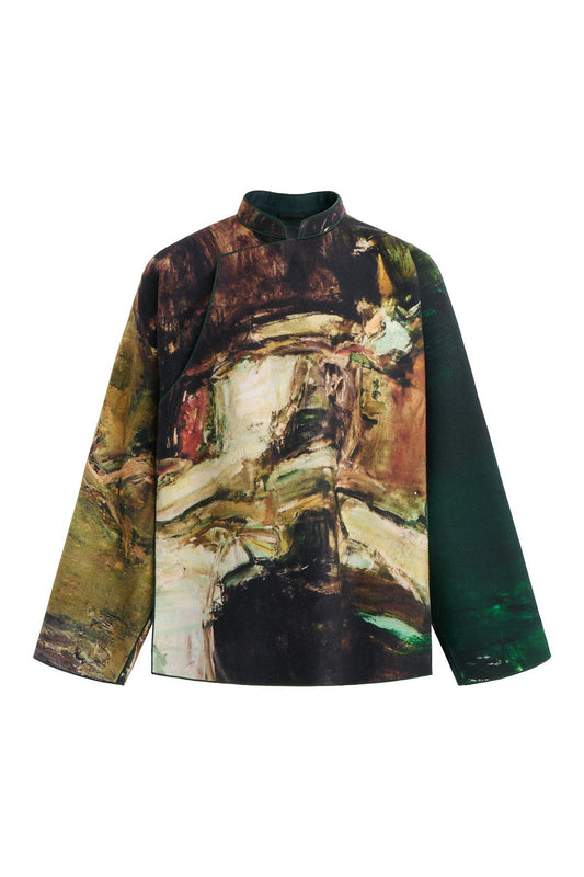 Dark Green Dragon Oil Paint Wool Printed Chinese Jacket
