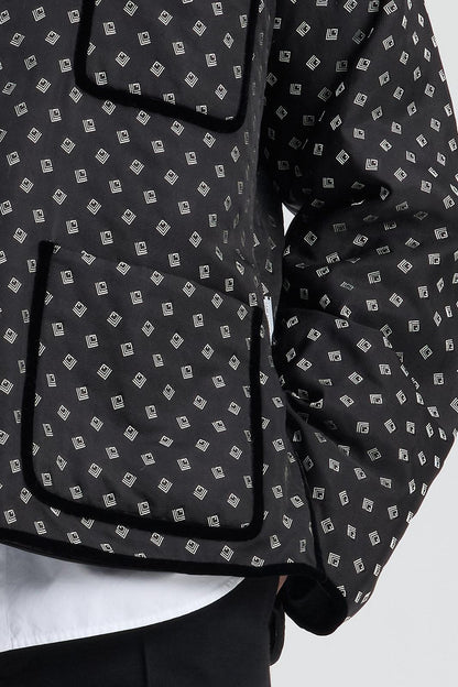 Black Jacquard Silk Padded Jacket with Velvet Pipping