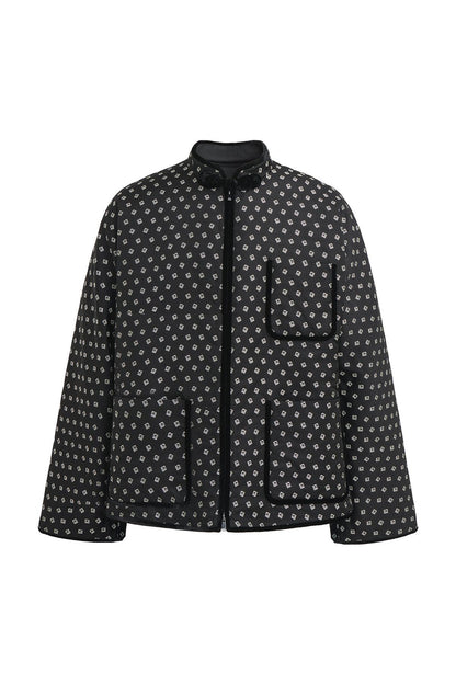 Black Jacquard Silk Padded Jacket with Velvet Pipping