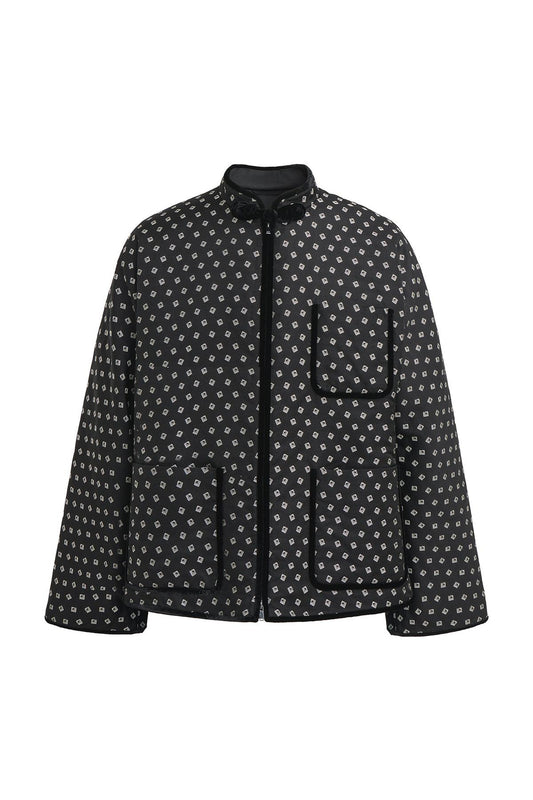 Black Jacquard Silk Padded Jacket with Velvet Pipping
