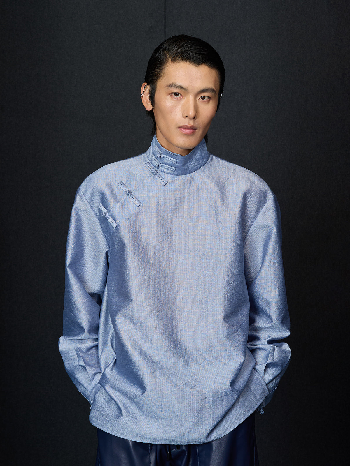Light Blue Textured Chinese Shirt