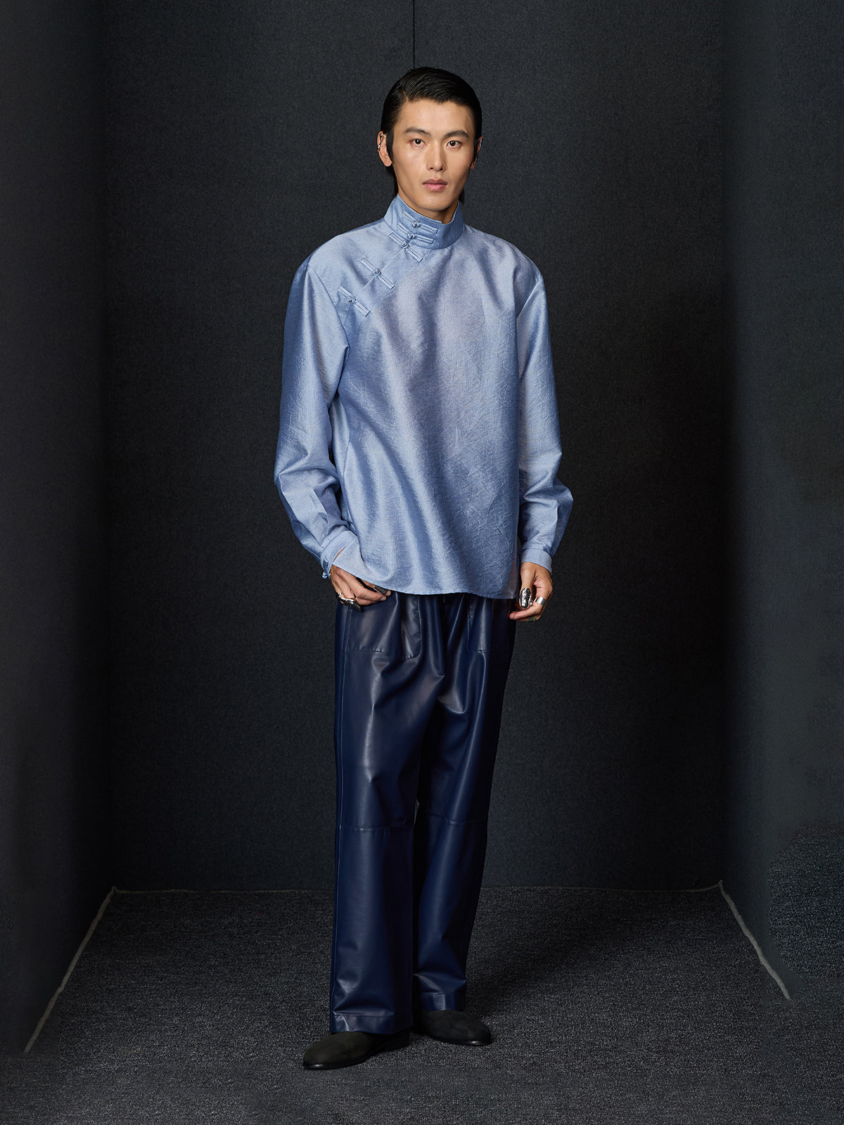 Light Blue Textured Chinese Shirt
