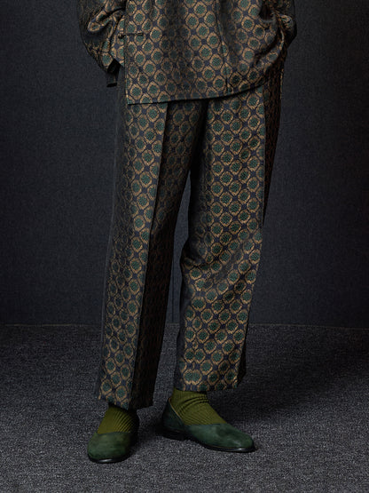 Dark Green Jacquard Wide-Pleat Cropped Pants