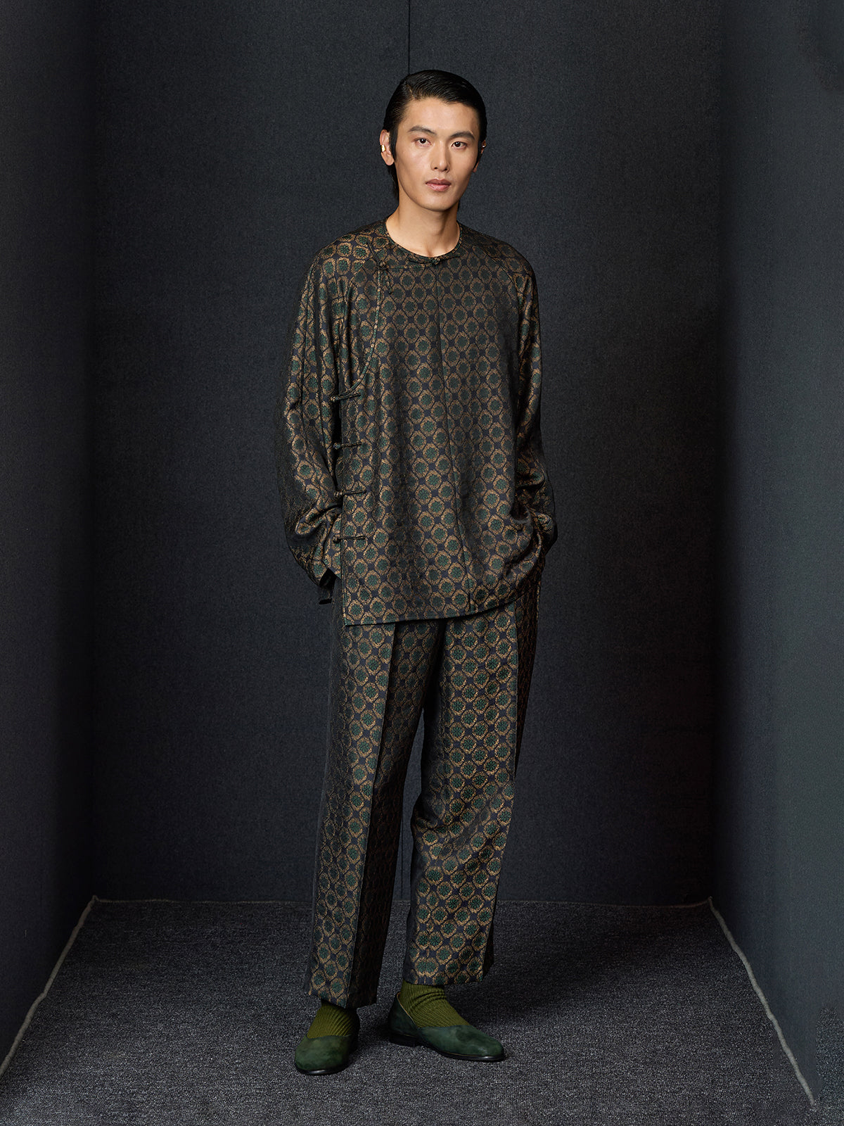 Dark Green Jacquard Long Chinese Shirt