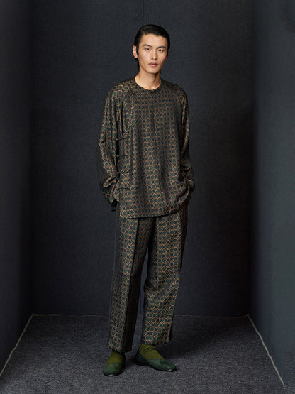 Dark Green Jacquard Long Chinese Shirt