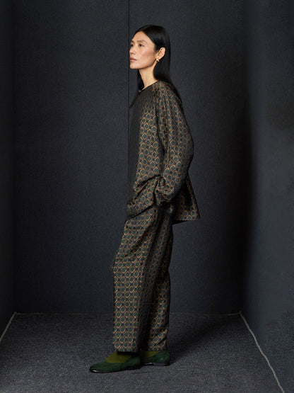 Dark Green Jacquard Long Chinese Shirt