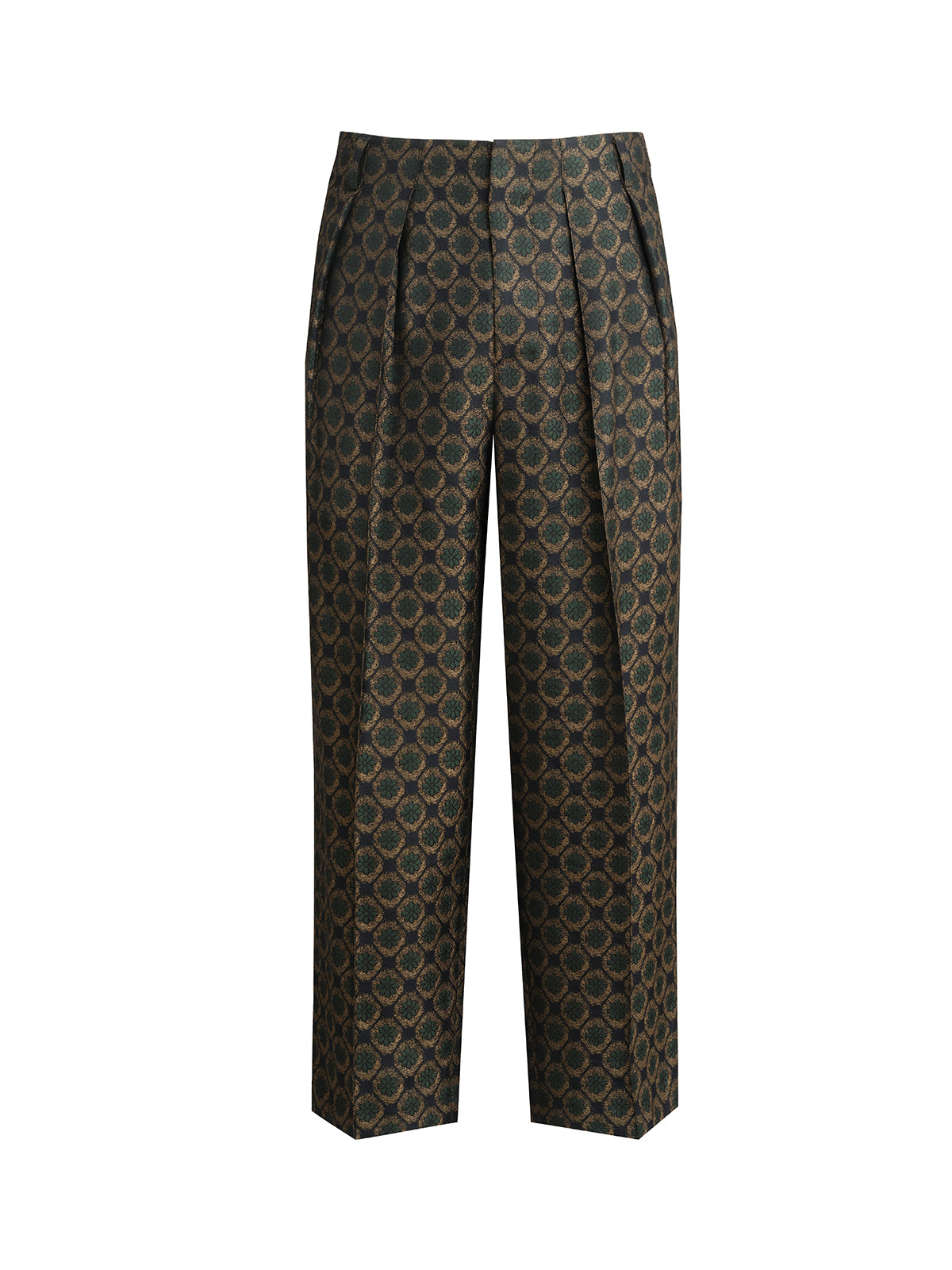 Dark Green Jacquard Wide-Pleat Cropped Pants