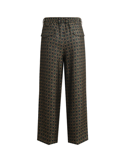 Dark Green Jacquard Wide-Pleat Cropped Pants
