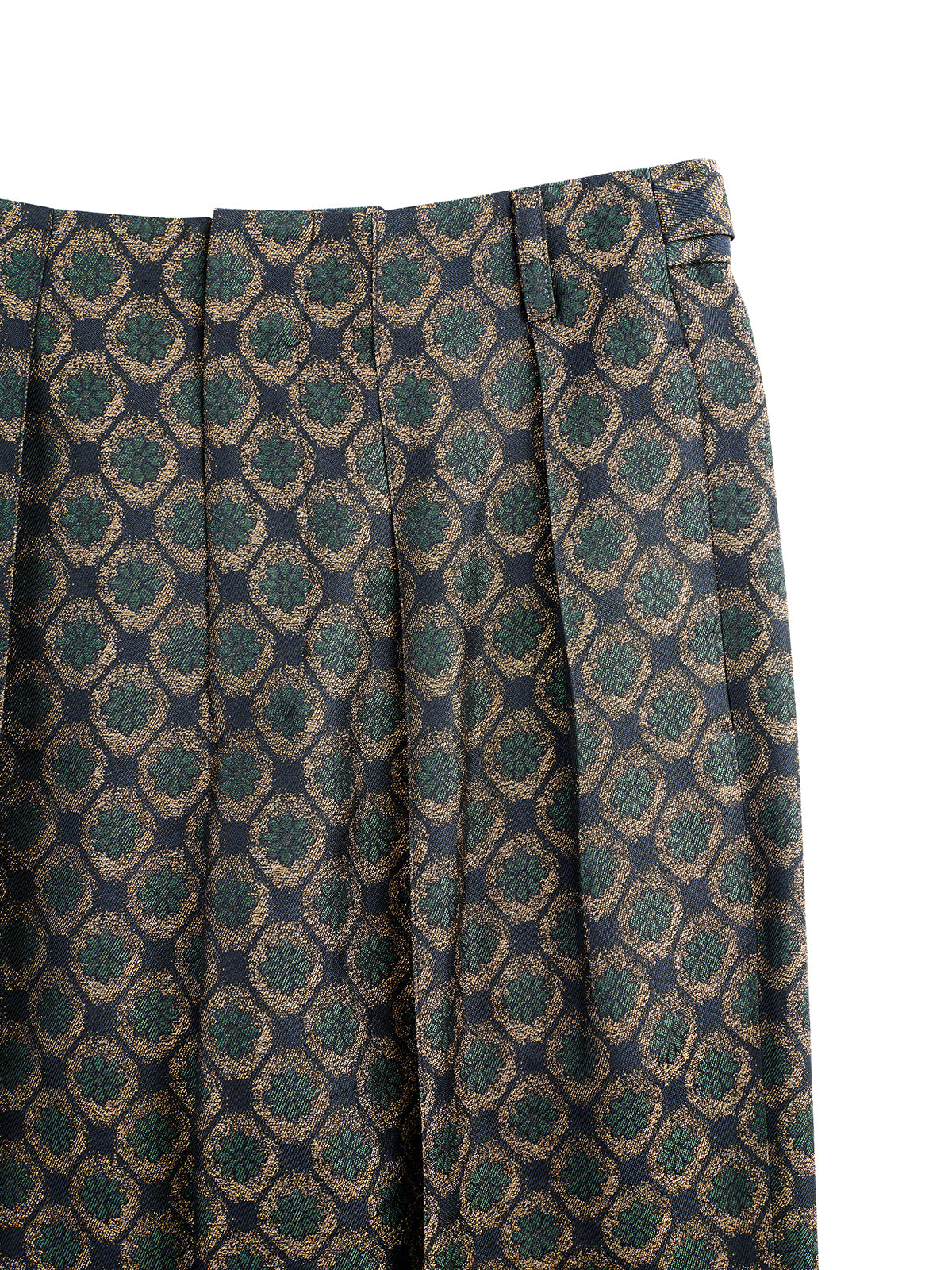 Dark Green Jacquard Wide-Pleat Cropped Pants