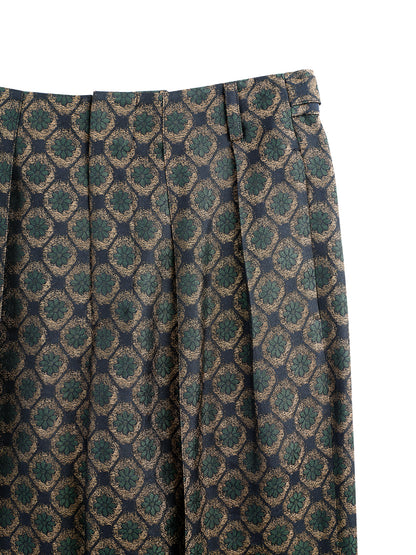Dark Green Jacquard Wide-Pleat Cropped Pants
