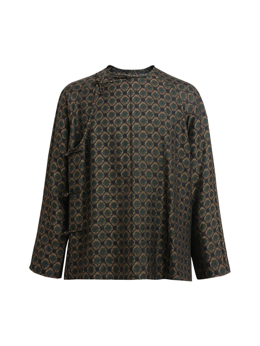 Dark Green Jacquard Long Chinese Shirt