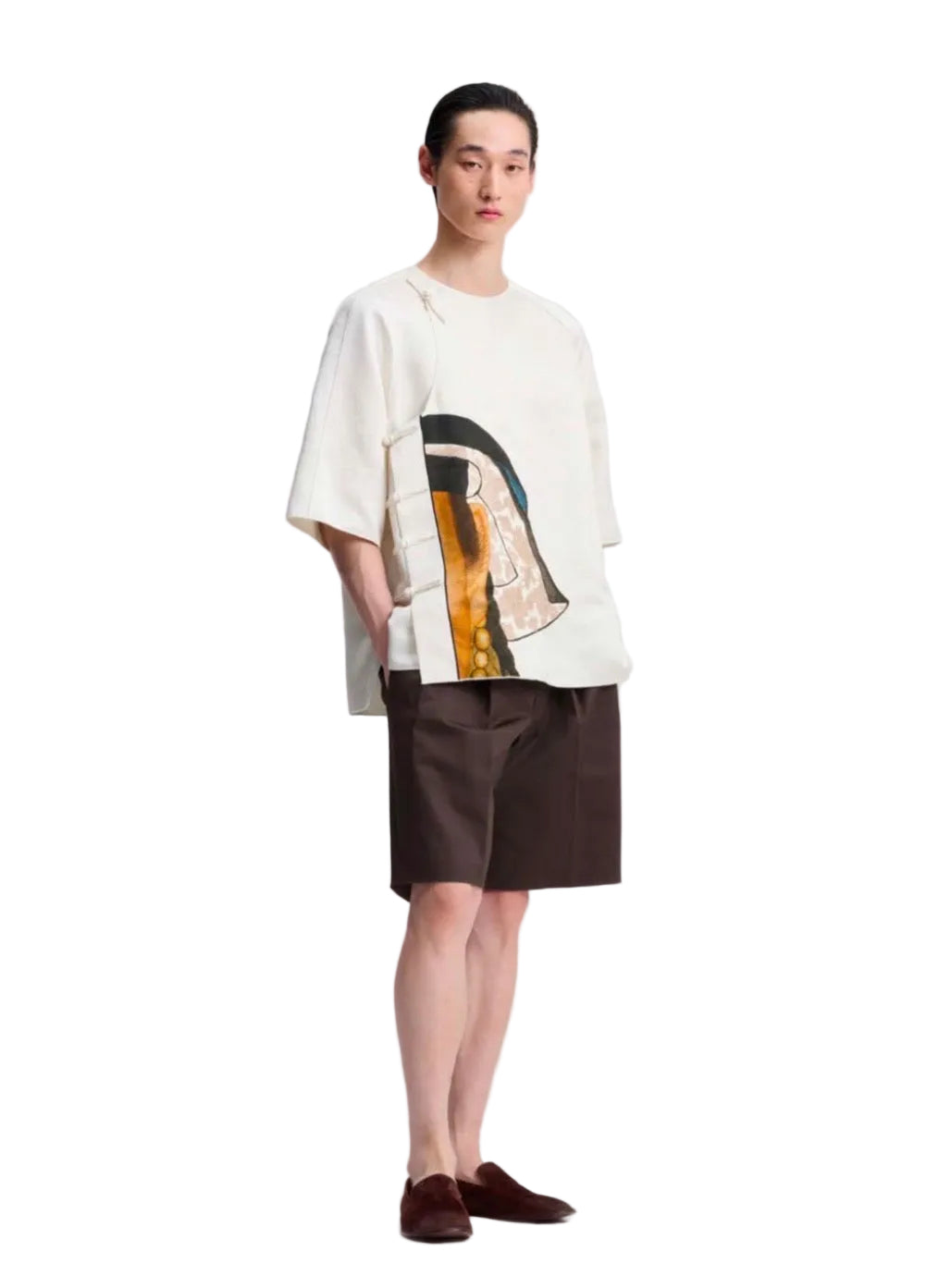 Off White Silk Cotton Chinese Top with Traditional Figure Embroidery