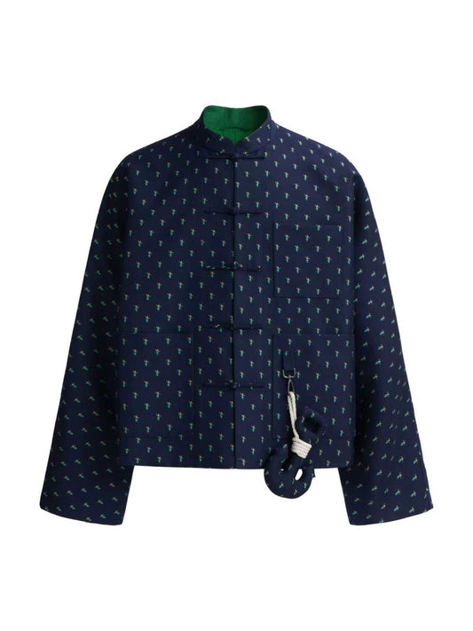 Navy Dance Jacquard  Chinese - Style Short Jacket