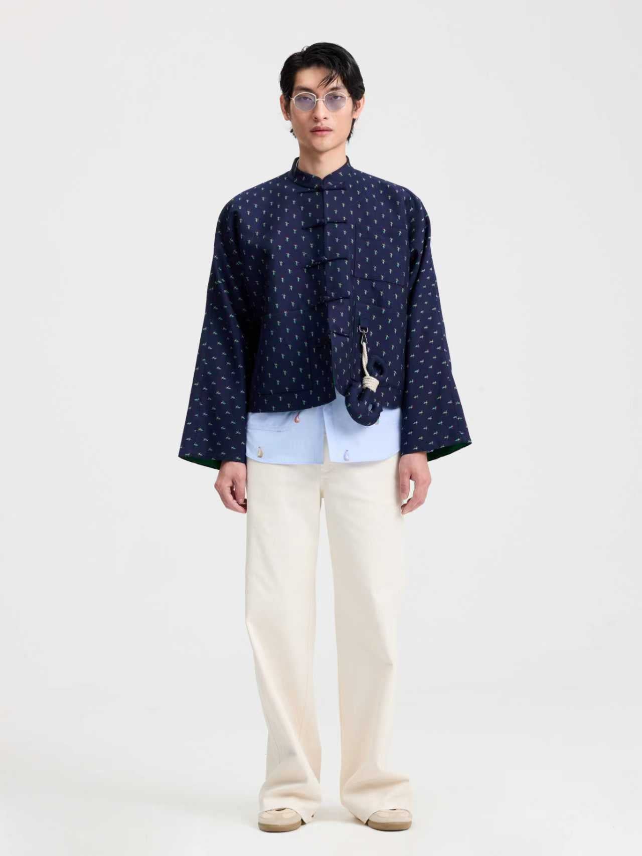 Navy Dance Jacquard  Chinese - Style Short Jacket