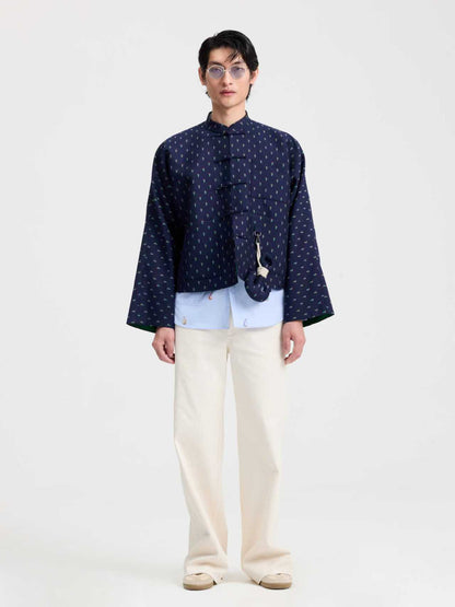 Navy Dance Jacquard  Chinese - Style Short Jacket