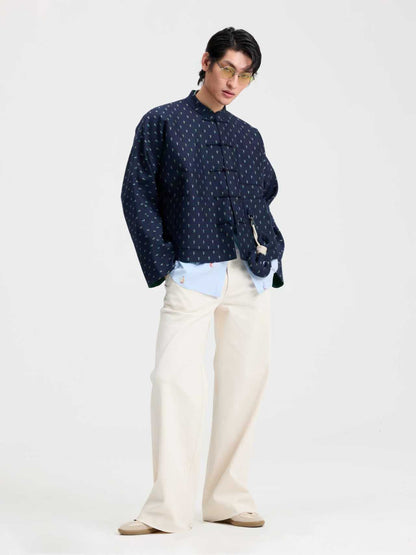 Navy Dance Jacquard  Chinese - Style Short Jacket