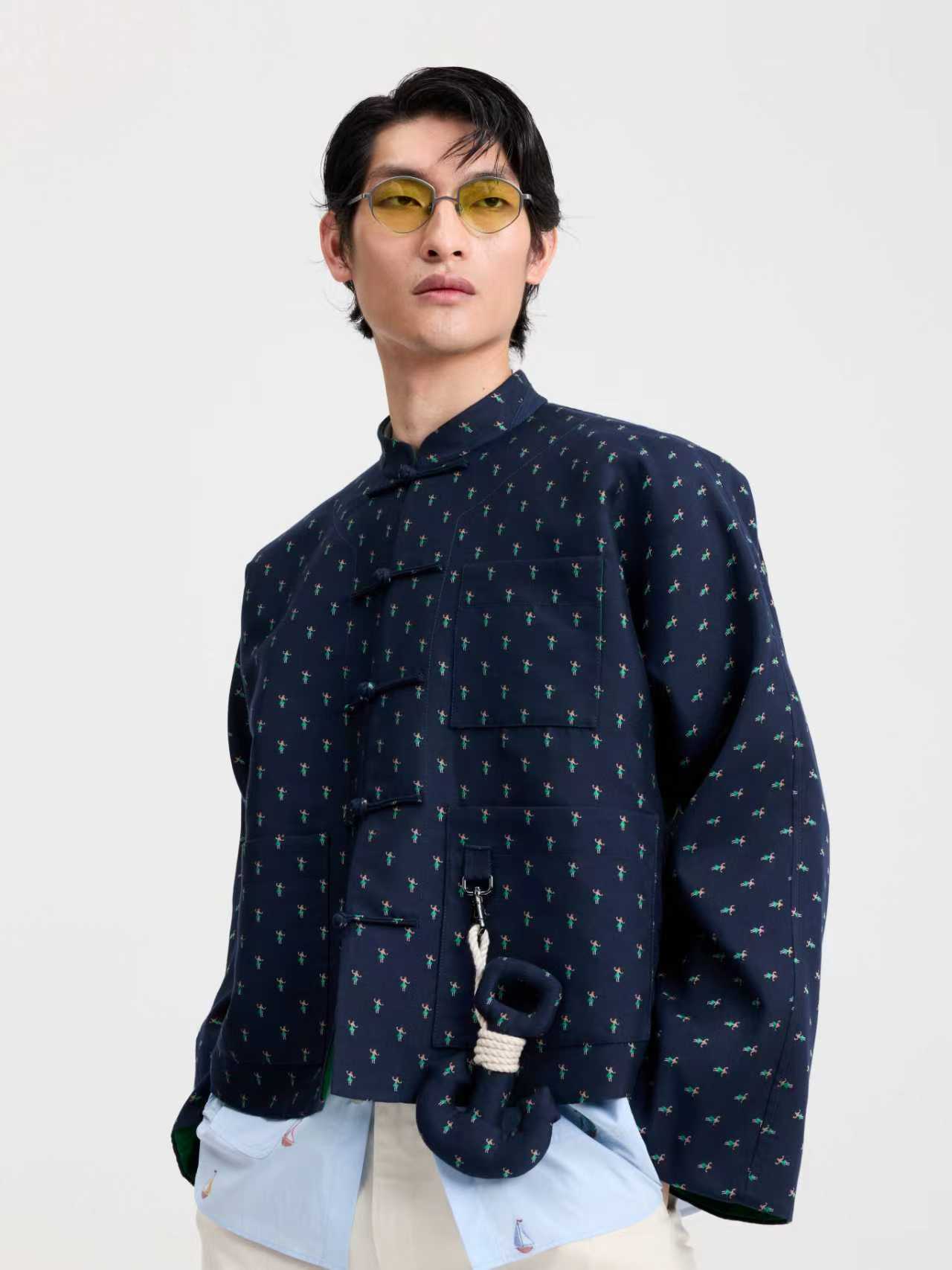 Navy Dance Jacquard  Chinese - Style Short Jacket