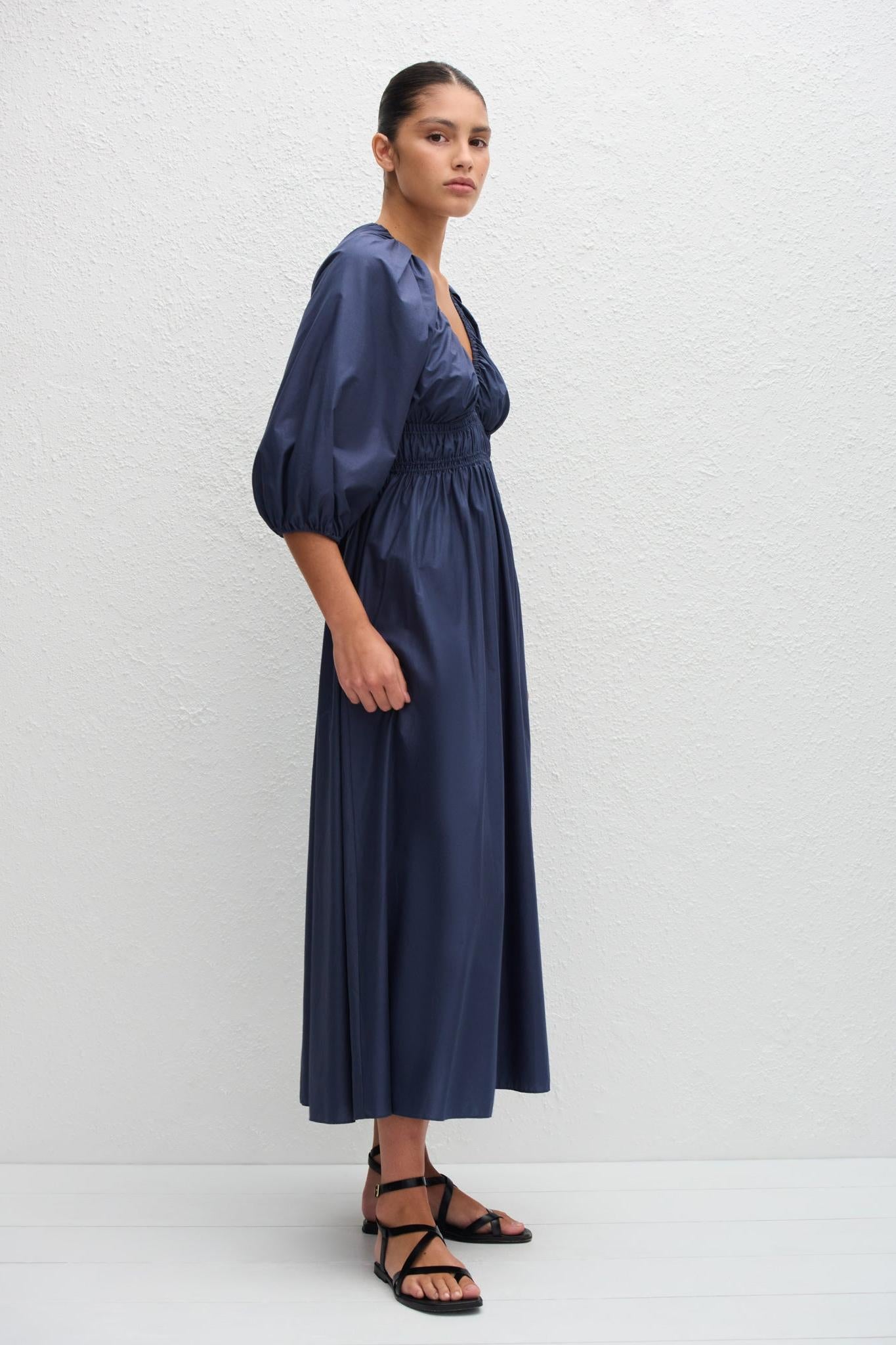 Shirred Plunge Button Dress