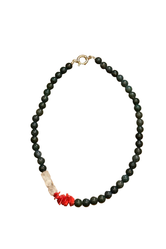 Moss Agate, Clear Quartz and Coral Necklace